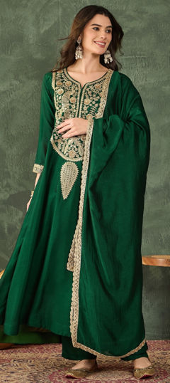 Green color Salwar Kameez in Silk fabric with Embroidered work