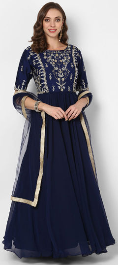 Blue color Salwar Kameez in Georgette fabric with Embroidered, Zari work