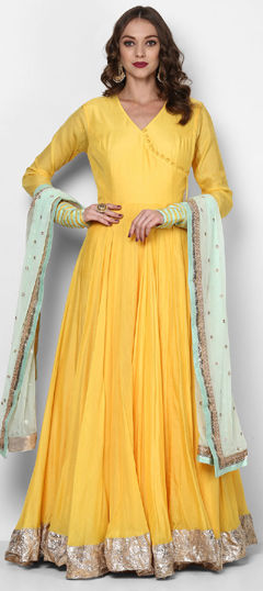 Yellow color Salwar Kameez in Muslin fabric with Lace work