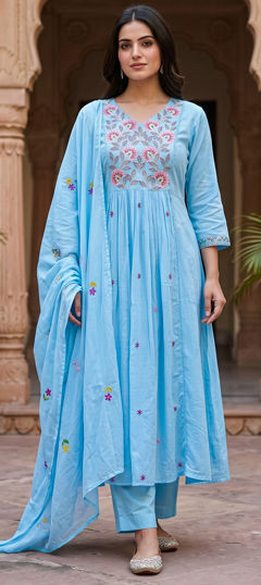 Blue color Salwar Kameez in Mul Cotton fabric with Embroidered work