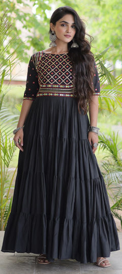 Black and Grey color Gown in Cotton fabric with Embroidered, Gota Patti, Mirror, Thread work