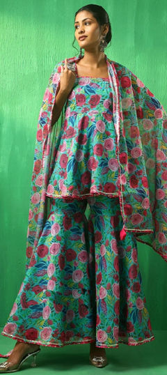 Multicolor color Salwar Kameez in Organza Silk fabric with Floral, Printed work