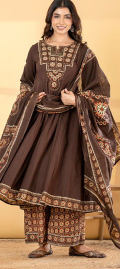 Beige and Brown color Salwar Kameez in Cotton fabric with Bugle Beads, Mirror, Printed work