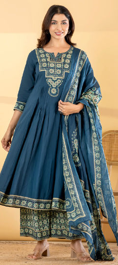 Blue color Salwar Kameez in Cotton fabric with Bugle Beads, Mirror, Printed work