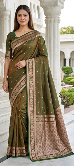 Green color Saree in Banarasi Silk fabric with Weaving, Zari work