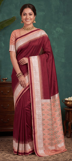Red and Maroon color Saree in Silk fabric with Weaving, Zari work