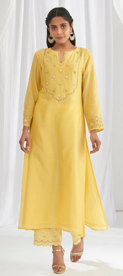 Yellow color Salwar Kameez in Chanderi Silk fabric with Embroidered work