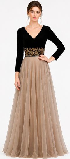 Beige and Brown color Gown in Georgette, Velvet fabric with Embroidered work