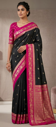 Black and Grey, Pink and Majenta color Saree in Banarasi Silk fabric with Weaving, Zari work