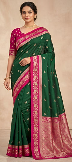 Green, Pink and Majenta color Saree in Banarasi Silk fabric with Weaving, Zari work