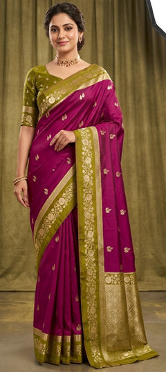 Green, Purple and Violet color Saree in Banarasi Silk fabric with Weaving, Zari work