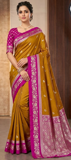 Pink and Majenta, Yellow color Saree in Banarasi Silk fabric with Weaving, Zari work