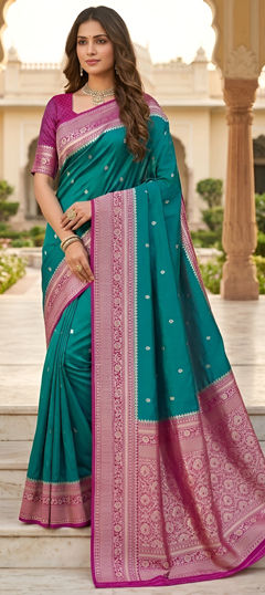 Green, Pink and Majenta color Saree in Banarasi Silk fabric with Weaving, Zari work