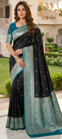 Black and Grey, Green color Saree in Banarasi Silk fabric with Weaving, Zari work
