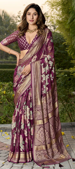 Purple and Violet color Saree in Silk fabric with Floral, Printed, Weaving work