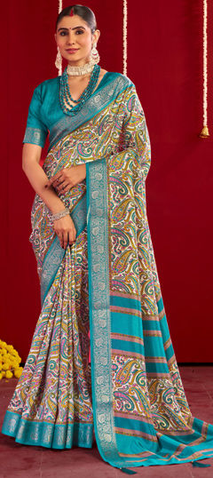 Blue color Saree in Silk fabric with Printed, Weaving work