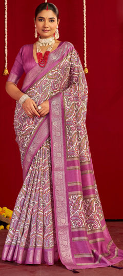 Purple and Violet color Saree in Silk fabric with Printed, Weaving work