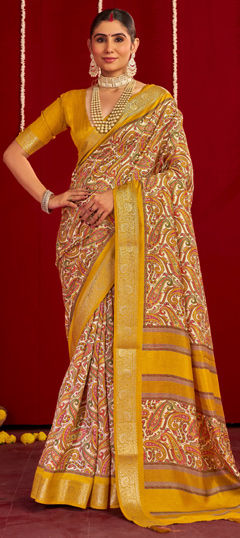 Yellow color Saree in Silk fabric with Printed, Weaving work