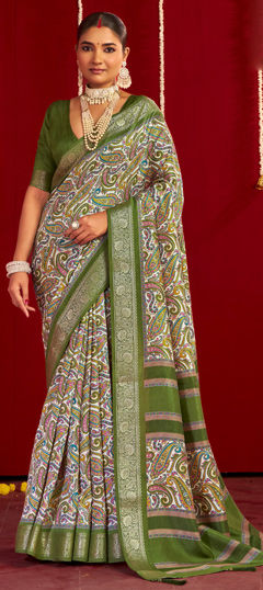 Green color Saree in Silk fabric with Printed, Weaving work