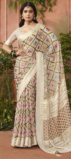 Beige and Brown color Saree in Silk fabric with Weaving work