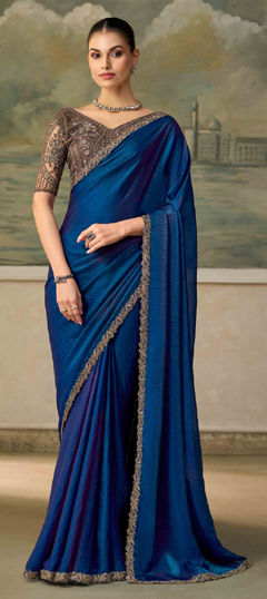 Blue color Saree in Satin fabric with Embroidered, Lace work