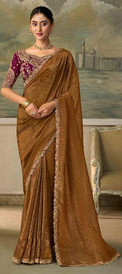 Beige and Brown color Saree in Georgette fabric with Embroidered, Lace work