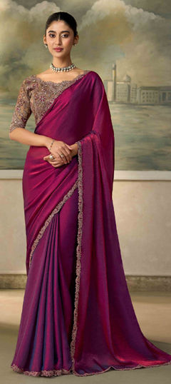 Purple and Violet color Saree in Satin fabric with Embroidered, Lace work