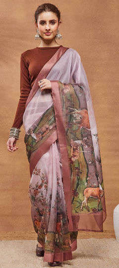 Pink and Majenta color Readymade Saree in Blended fabric with Floral, Printed work