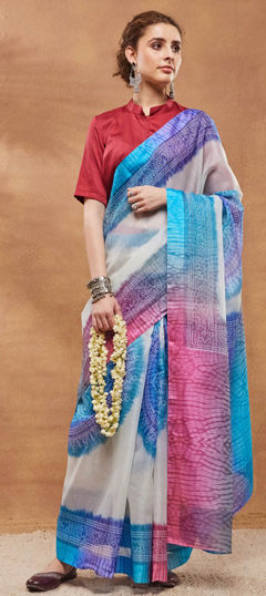 Blue color Readymade Saree in Blended fabric with Floral, Printed work