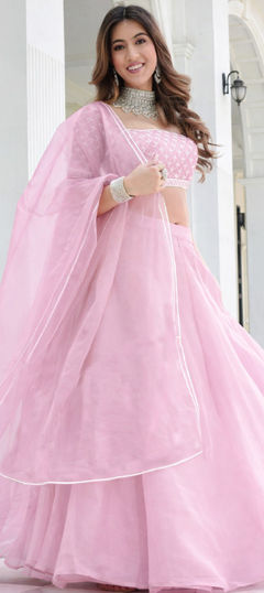 Pink and Majenta color Lehenga in Organza Silk fabric with Thread work