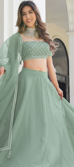 Green color Lehenga in Organza Silk fabric with Thread work
