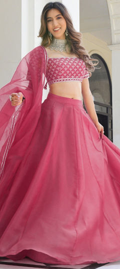 Pink and Majenta color Lehenga in Organza Silk fabric with Thread work