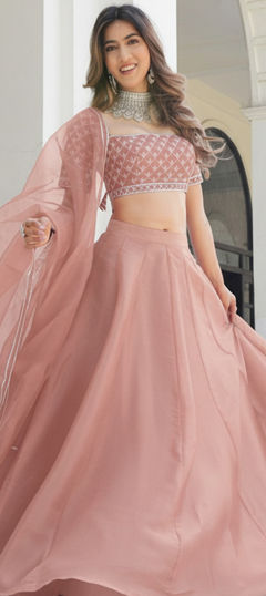 Pink and Majenta color Lehenga in Organza Silk fabric with Thread work