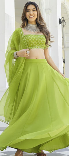 Green color Lehenga in Organza Silk fabric with Thread work