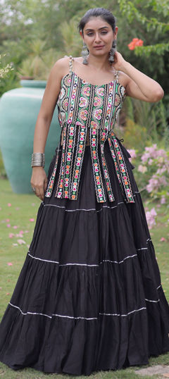 Black and Grey color Long Lehenga Choli in Cotton fabric with Embroidered, Mirror work