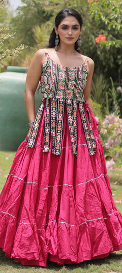 Pink and Majenta color Long Lehenga Choli in Cotton fabric with Embroidered, Mirror work