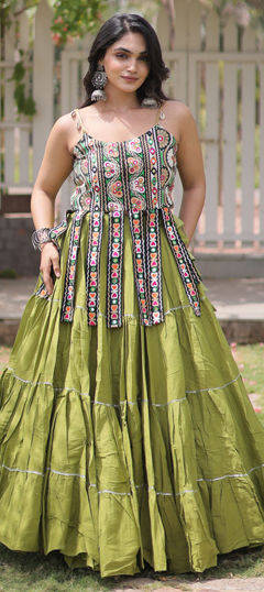 Green color Long Lehenga Choli in Cotton fabric with Embroidered, Mirror work