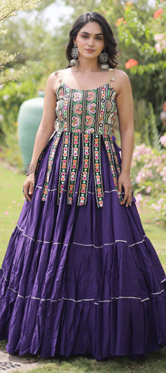 Purple and Violet color Long Lehenga Choli in Cotton fabric with Embroidered, Mirror work