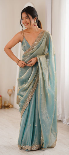 Blue color Saree in Tissue fabric with Bugle Beads, Embroidered work