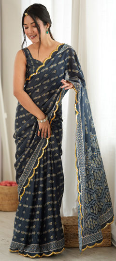 Black and Grey color Saree in Chinon Silk fabric with Digital Print, Mirror work