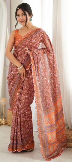 Orange color Saree in Chinon Silk fabric with Digital Print, Floral, Mirror work