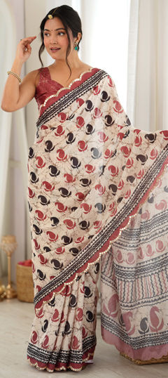 Multicolor color Saree in Chinon Silk fabric with Digital Print, Mirror work