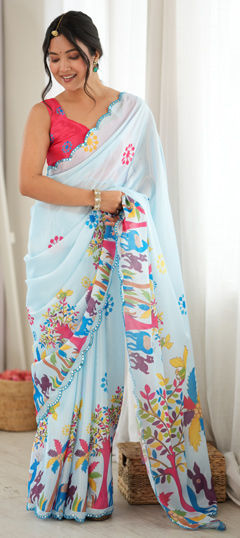 Blue color Saree in Chinon Silk fabric with Digital Print, Mirror work