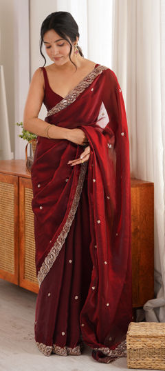 Red and Maroon color Saree in Tissue fabric with Bugle Beads, Embroidered work