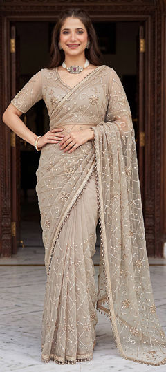 Black and Grey color Saree in Net fabric with Bugle Beads, Embroidered, Moti, Sequence work