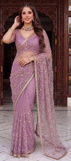 Purple and Violet color Saree in Net fabric with Bugle Beads, Embroidered, Moti, Sequence work