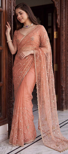 Pink and Majenta color Saree in Net fabric with Bugle Beads, Embroidered, Moti, Sequence work