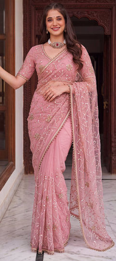 Pink and Majenta color Saree in Net fabric with Bugle Beads, Embroidered, Moti, Sequence work
