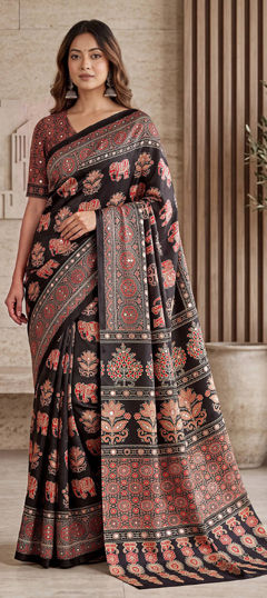 Black and Grey color Saree in Crepe Silk fabric with Digital Print, Mirror work