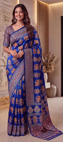 Blue color Saree in Crepe Silk fabric with Digital Print, Mirror work